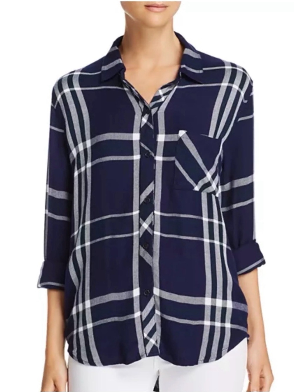 Rails Hunter Shirt M Navy White Plaid Rayon Button Up Soft Flannel Womens